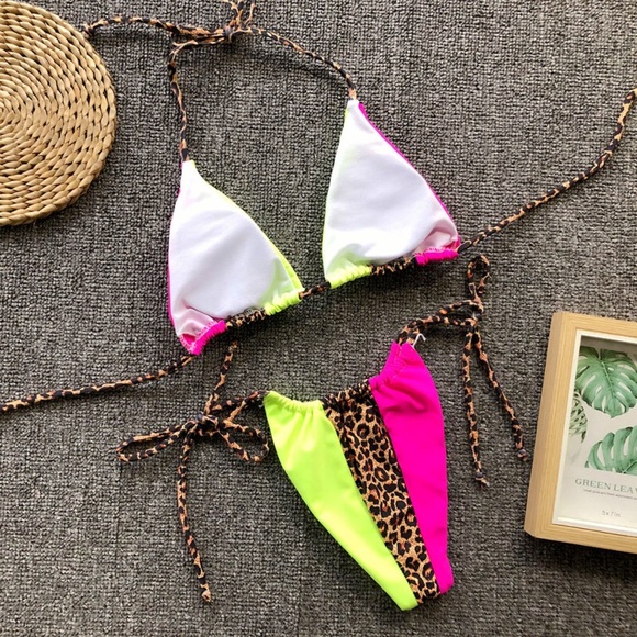 NEW‼️NEON YELLOW PINK LEOPARD PADDED- bikini - Picture 6 of 6